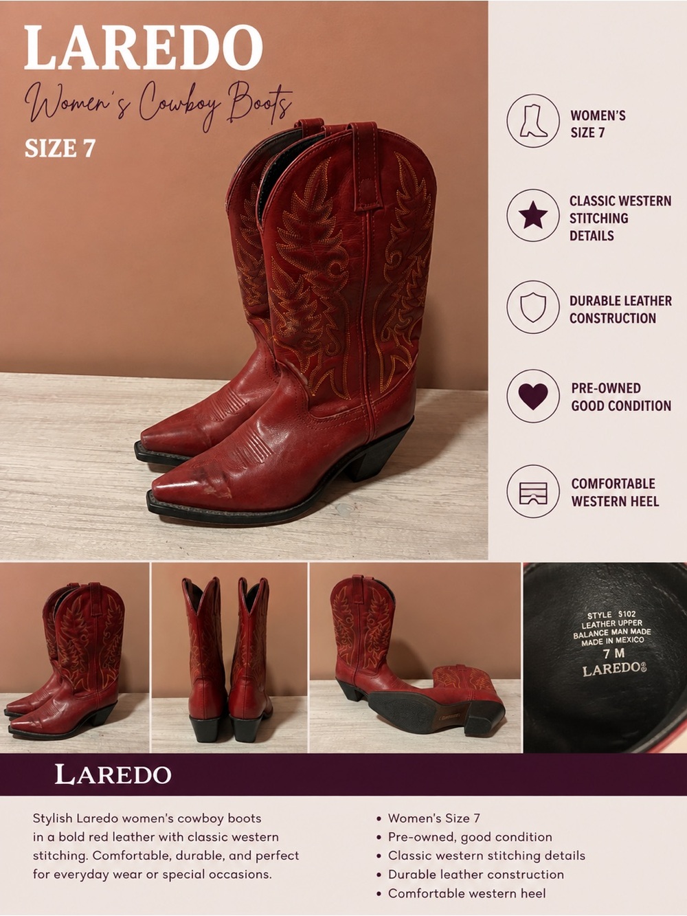 Laredo Women's Red Leather Western Heeled Boots